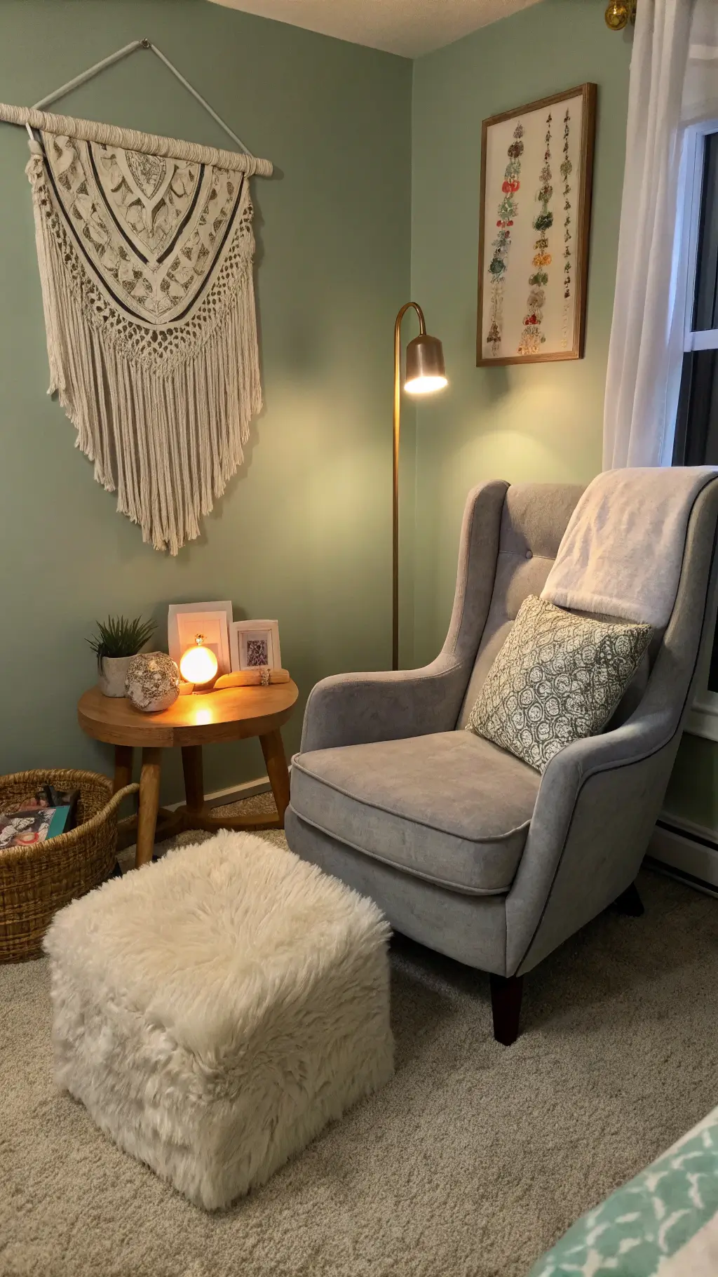 Cozy feeding corner at dusk featuring a modern gray velvet wingback glider angled in the corner. A warm table lamp softly lights a blonde wood side table with essentials. Cream faux fur footstool nearby. Macramé wall hanging adds texture above, with a sage green accent wall in the background. Twilight and ambient lighting create a snug atmosphere.