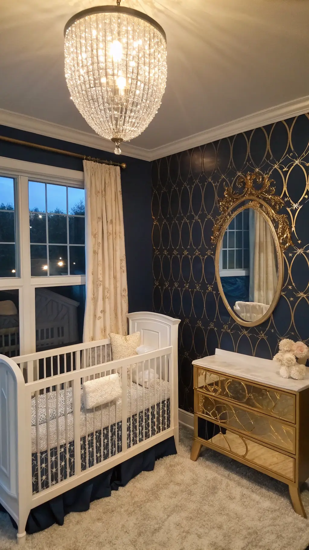 Elegant nursery corner at twilight featuring an acrylic crib, custom bedding, crystal chandelier, navy accent wall, gold decals, and a vintage mirror reflecting soft evening light.