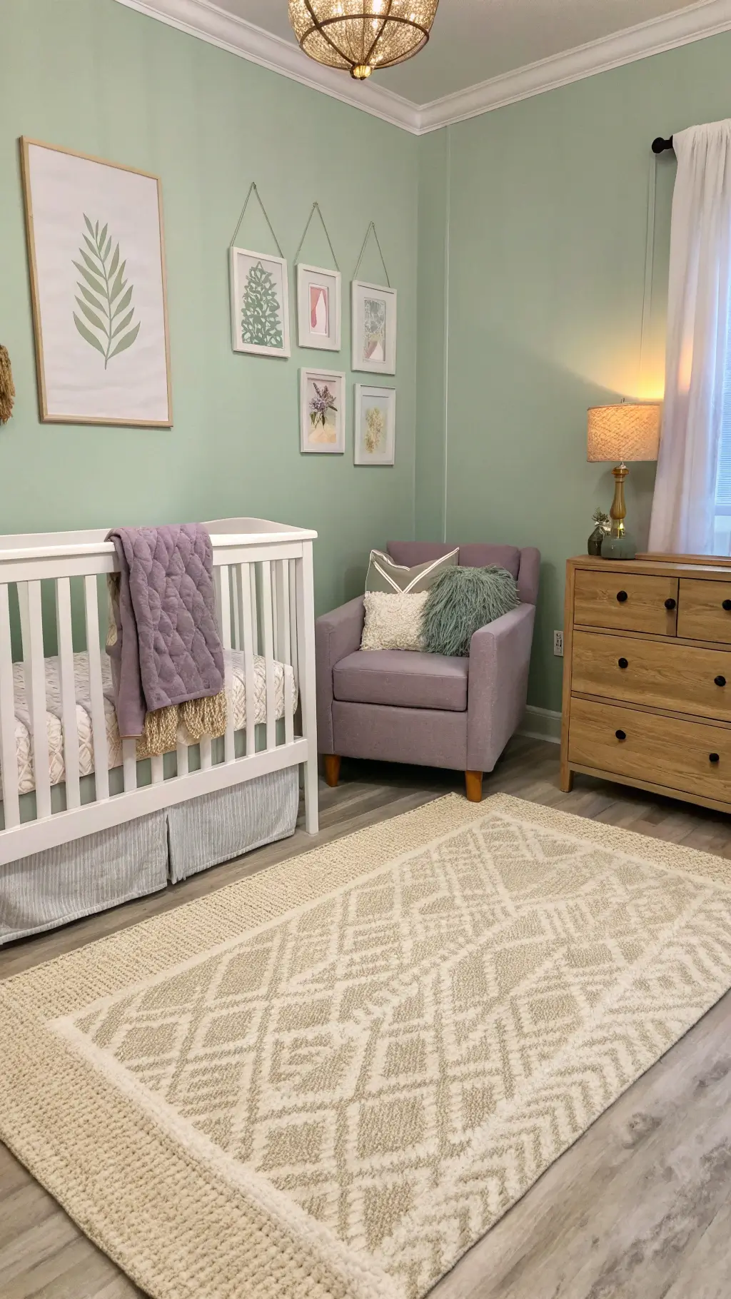 Nursery walls painted in soft sage green with lavender and warm gray accents, layered with texture-rich textiles and a cream natural fiber rug featuring a subtle pattern. Golden hour light enhances the serene, harmonious color scheme.