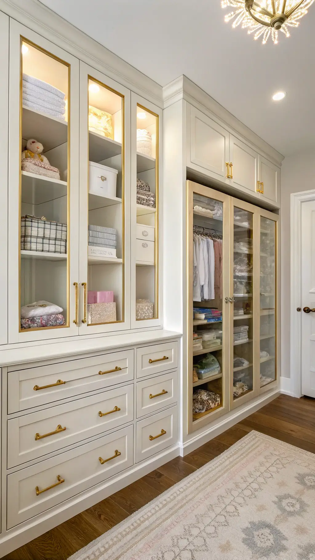 High-end nursery storage featuring built-in white closet with gold hardware, glass-front cabinets, organized drawers, pale oak book ledges, and an over-door organizer illuminated by bright morning light.