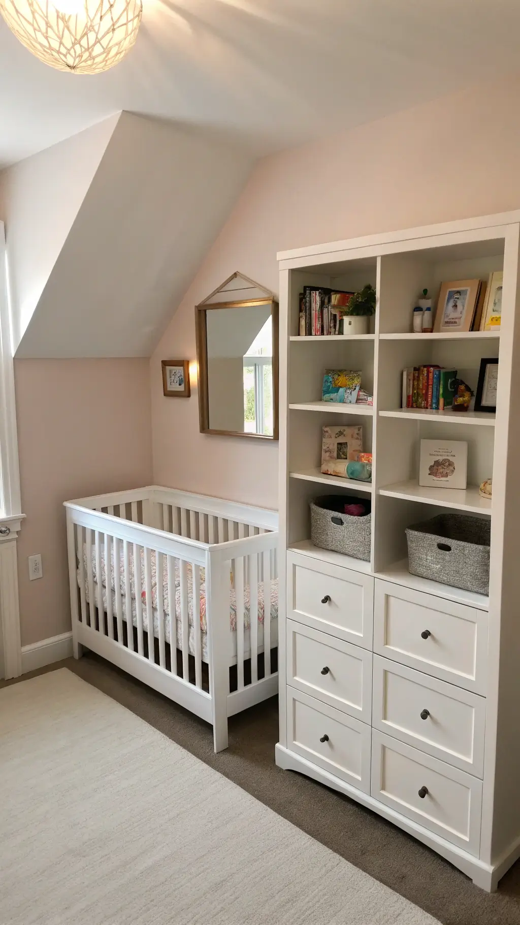 Compact 10x10 ft nursery featuring vertical storage. White crib with under-storage drawers against a pale blush wall. Floor-to-ceiling bookshelf with alternating closed and open storage. A small glider with wall-mounted reading light. Mirrors strategically placed to add depth. Natural light enhanced with fill lighting for a bright, open feel.