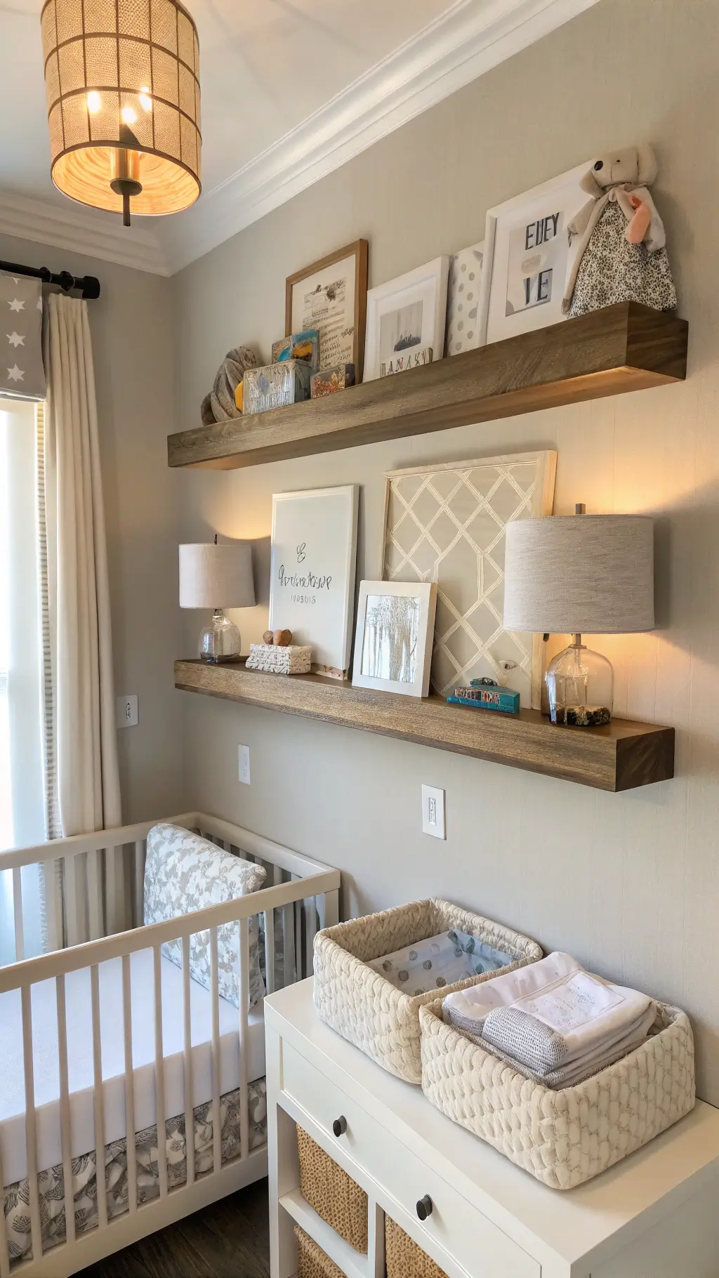 Safe nursery featuring anchored furniture, rounded floating shelves displaying baby essentials, cordless linen Roman shades, and covered electrical outlets, bathed in soft afternoon light.