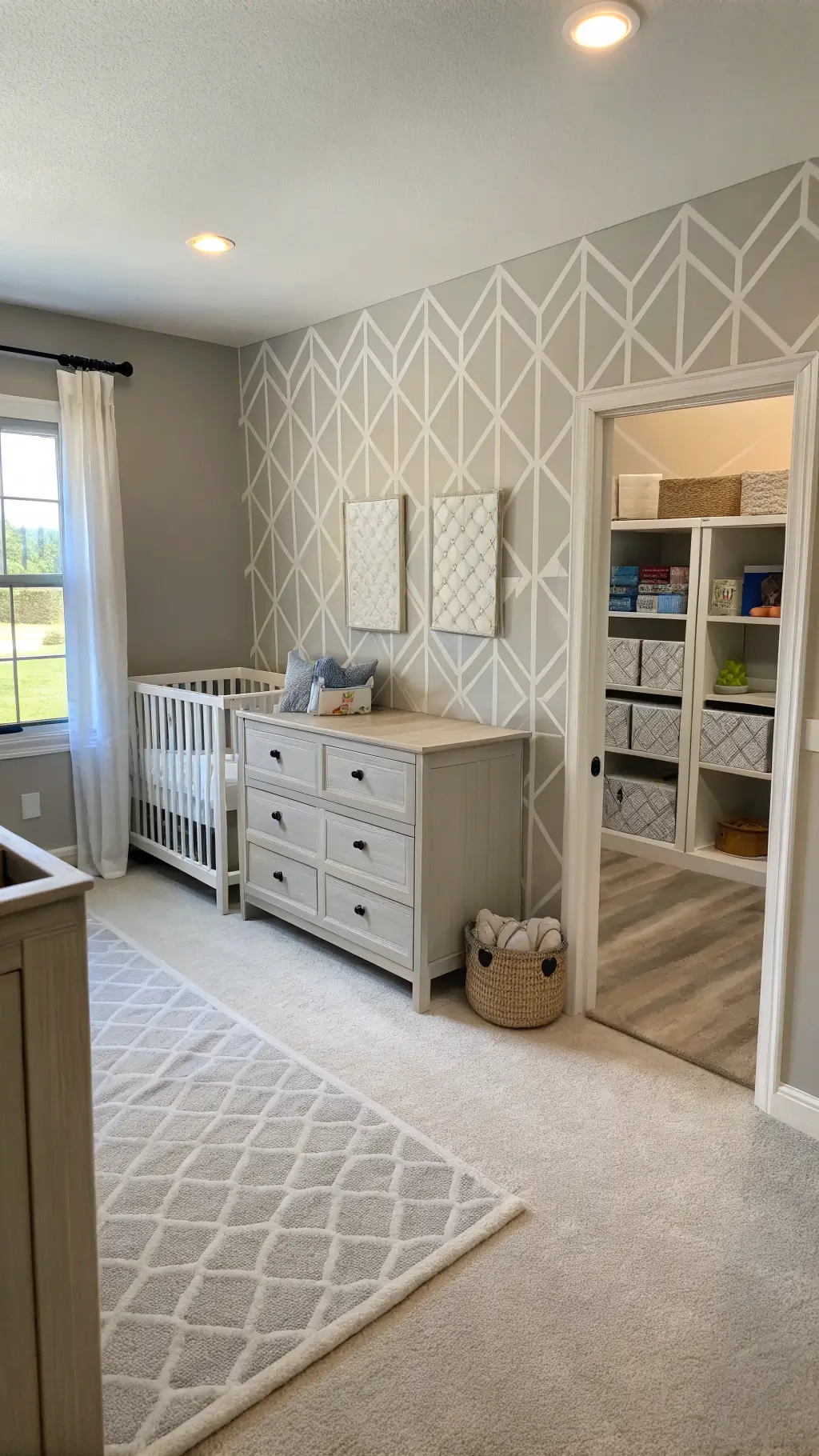 Future-ready nursery with convertible furniture, greige walls, geometric accent, modular storage, open play space, and soft natural lighting.