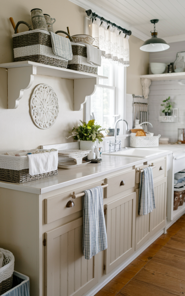 A cozy kitchen setting features a white countertop with a sink, a decorative white plate hanging above, and a white cabinet with a blue striped towel hanging from its handle. To the left, there's a white shelf holding various kitchenware, including a decorative plate. Above the shelf, a window lets in natural light, and a curtain with a lace pattern hangs beside it. The floor is made of wooden planks, and a hanging light fixture illuminates the space. Now, remove the baskets and replace them with some other kitchen items.