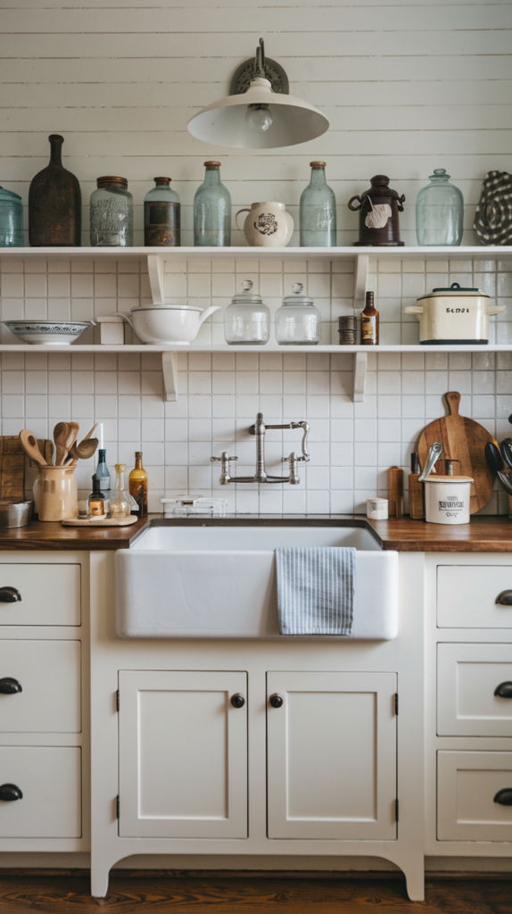 A photo of a Craftsman-decor kitchen with a farmhouse sink, white cabinets, and a ceramic tile backsplash. There are 7-10 vintage jars, bottles, and jars placed on top of the cabinets as decor pieces. A strainer, a wooden spoon, and a kitchen towel are also placed on the counter. The floor is made of wood.