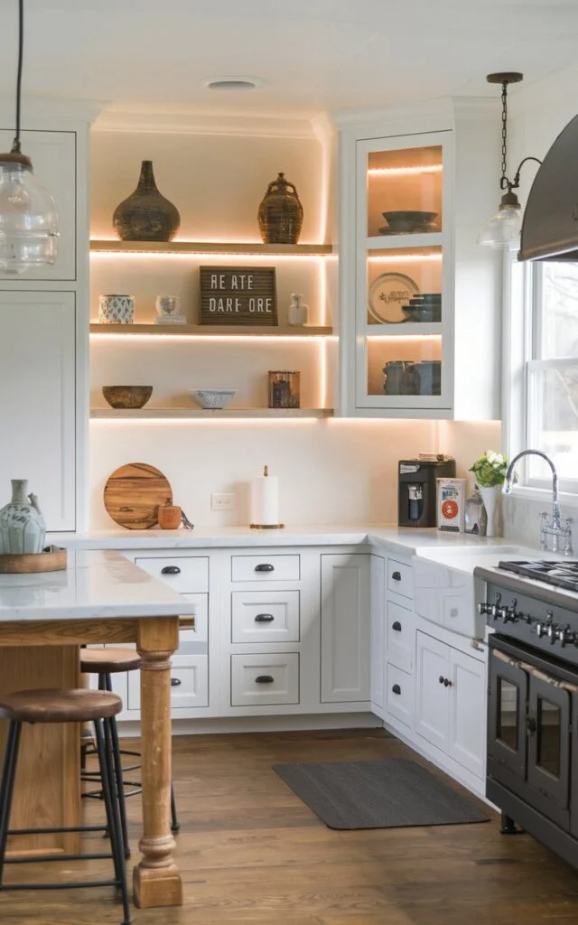 A photo of a modern farmhouse kitchen with cabinets that have LED strip lights. The cabinets are painted white and have a few decor pieces, including a vase, a sign, and a bowl. The LED strip lights highlight the decor pieces. The kitchen has a wooden island with a marble top and a few stools. There's a farmhouse sink near the window and a stove nearby. The floor is made of wood.