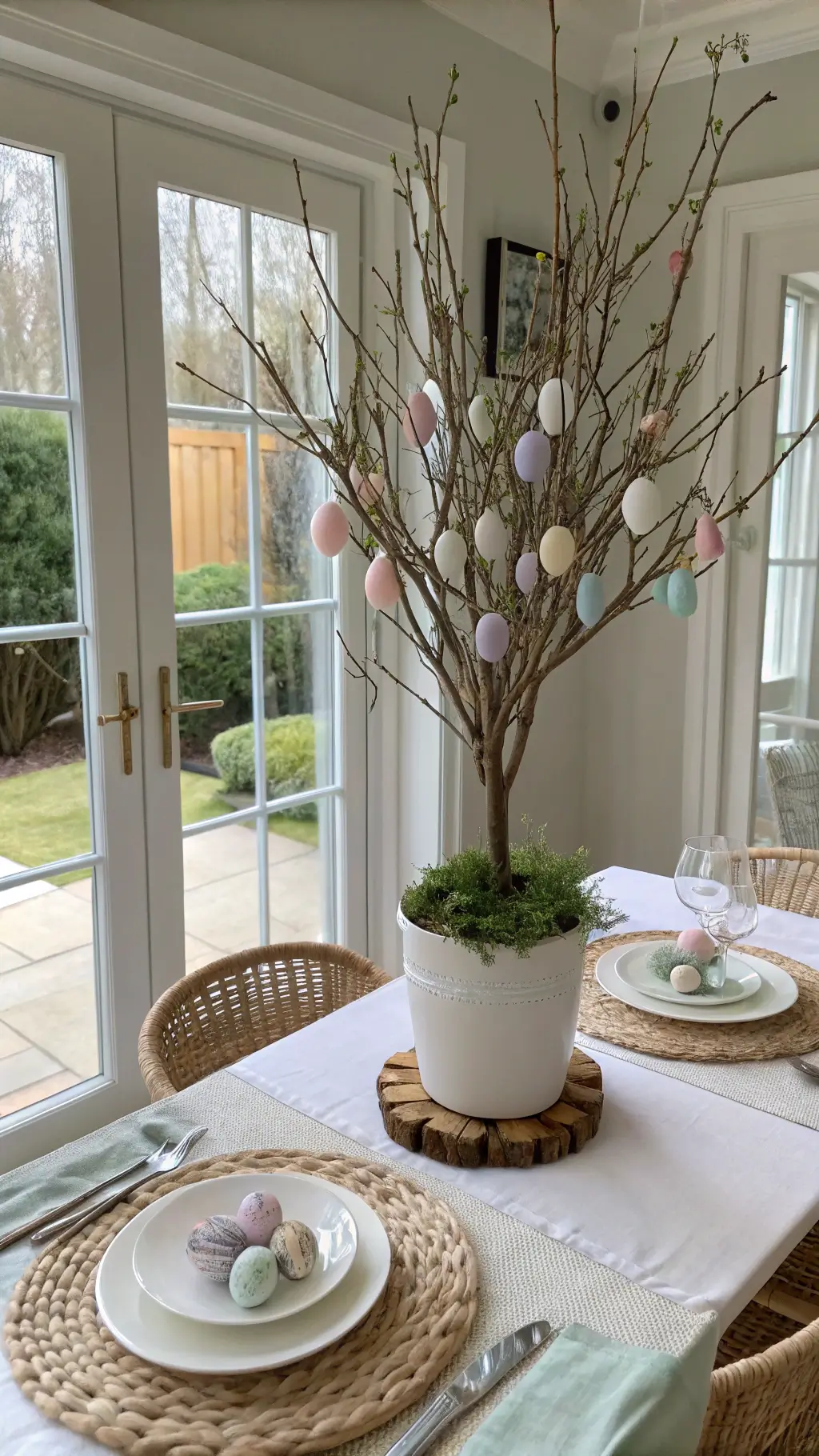 Cozy dining nook with golden hour light, featuring a 30-inch Easter egg tree centerpiece in a white ceramic pot. Silver birch branches hold hand-painted pastel eggs in mint, blush, and lavender. White linen tablecloth and woven placemats add texture. French doors open to a garden.