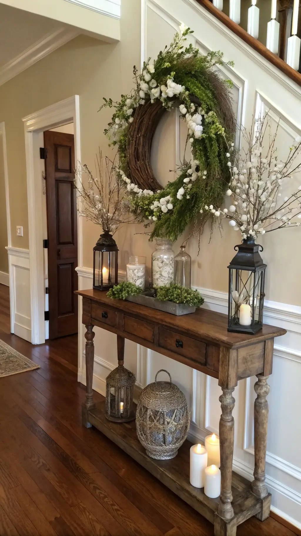 Elegant foyer with hardwood floors and wainscoting, antique console table adorned with a large spring wreath of white dogwood, baby's breath, and ivy. Mercury glass lanterns with candles flank the display, metallic eggs nestled in preserved moss below.