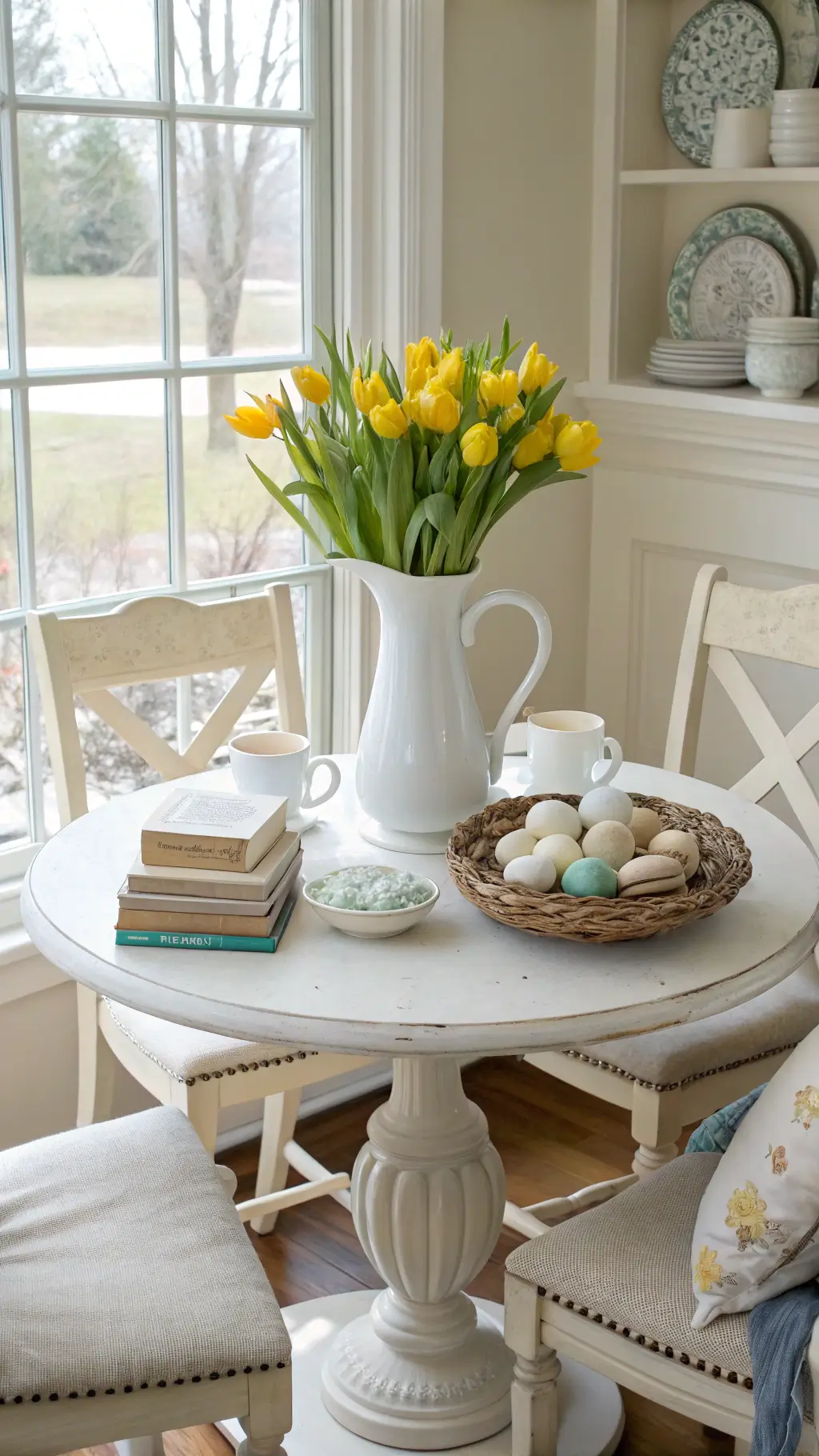 Cozy breakfast nook with round pedestal table featuring white ironstone pitcher of tulips and daffodils atop vintage books. Milk glass vessels hold pastel macarons and speckled quail eggs. Whitewashed chairs with French grain sack cushions surround the scene, bathed in natural window light.