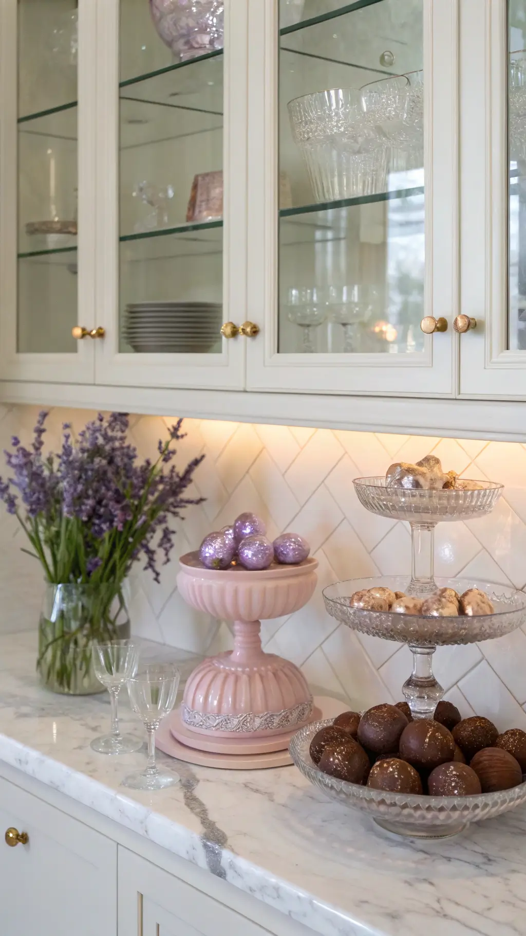 Elegant butler's pantry with glass-front cabinets displaying crystal cake stands with Easter decorations. Pale pink depression glass holds metallic foil-wrapped chocolate eggs. Fresh lavender sprigs add natural charm. White marble backdrop reflects soft LED lighting.