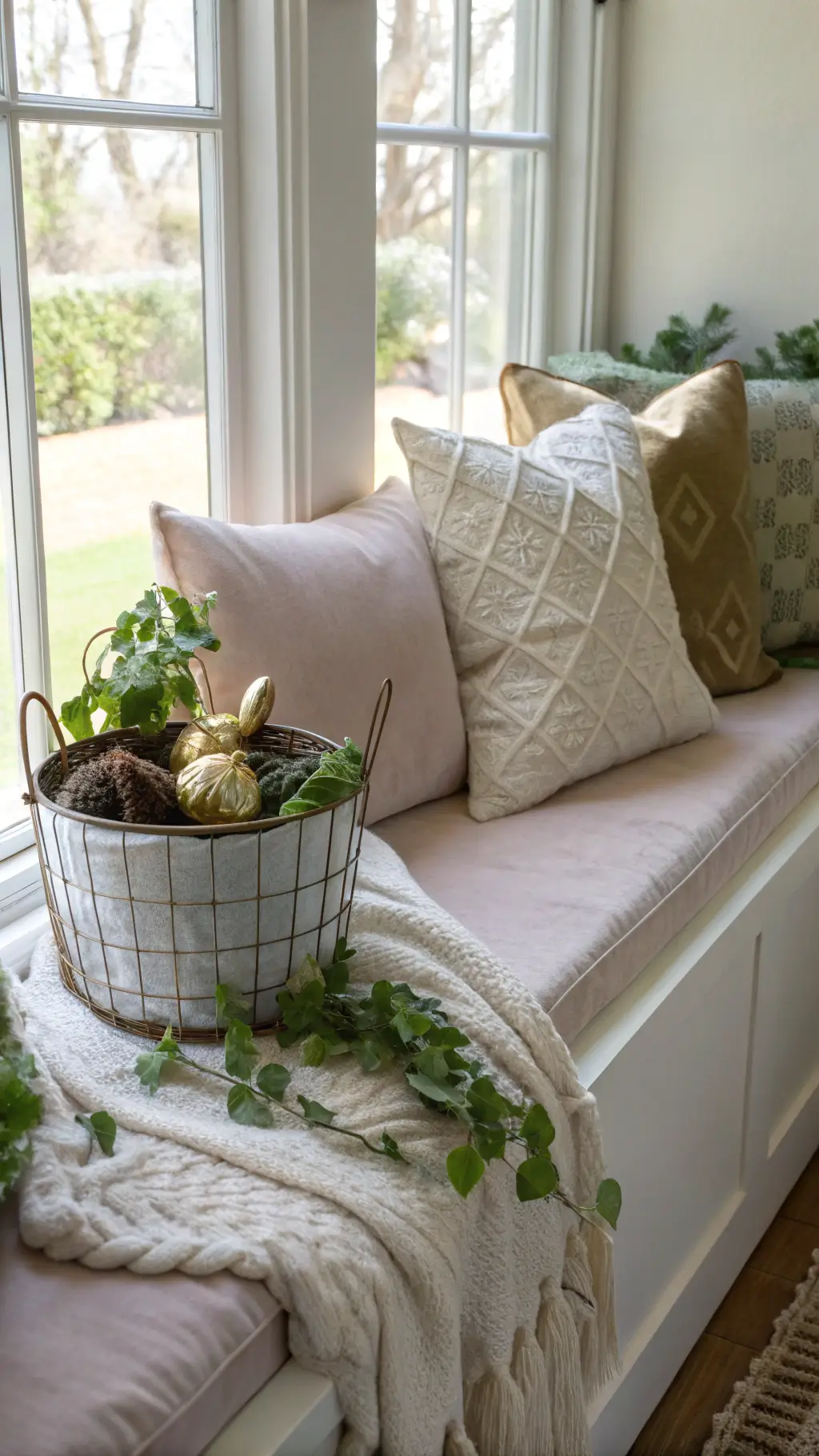 Window seat reading nook bathed in cool morning light. Plush natural linen cushion with textured blush velvet and cream knit pillows. Vintage wire basket filled with gold foil-wrapped chocolate bunnies rests on fresh moss. Trailing ivy plant in white ceramic planter adds greenery.