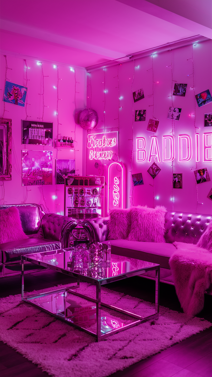 A vibrant Baddie-inspired living room with pink hues, featuring fairy lights, fun posters, polaroid photos, a sleek metallic sofa with fluffy pink pillows, a mirrored coffee table, a bold neon sign, and a luxurious faux fur throw, illuminated by trendy LED and neon lights.