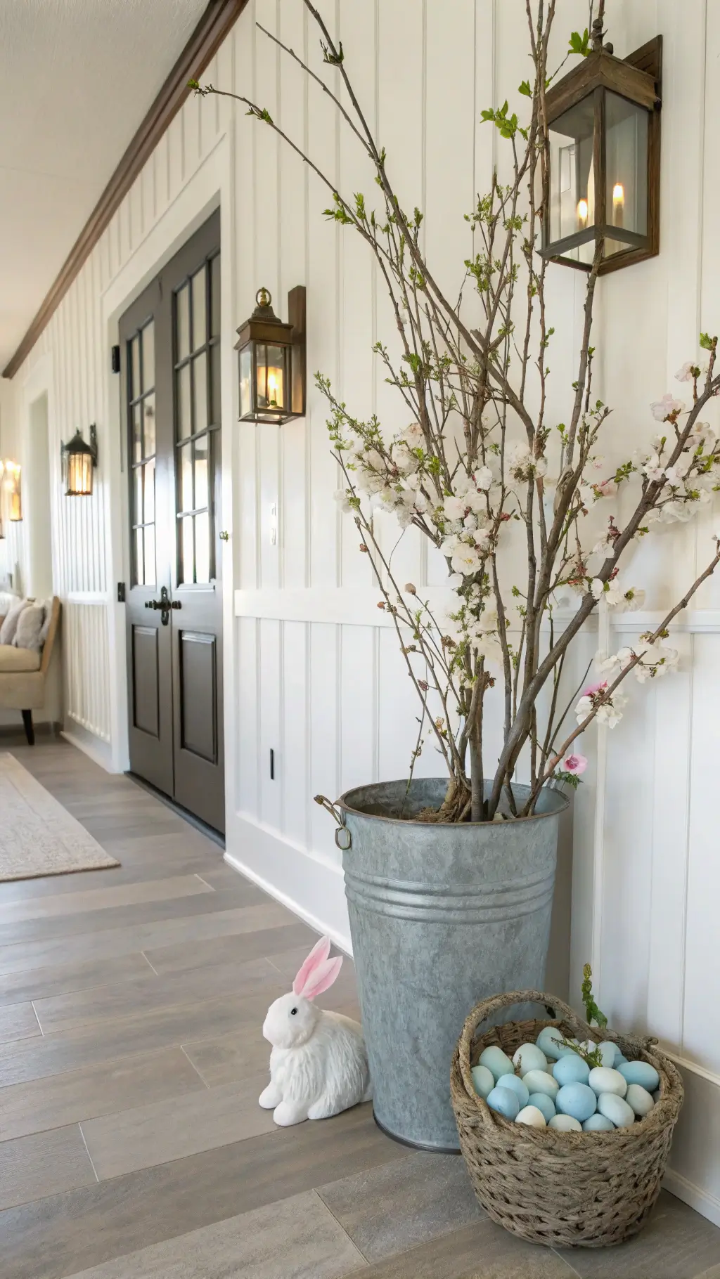 Modern farmhouse entryway with board and batten walls, large zinc bucket filled with tall cherry blossom branches, white ceramic bunnies leading to natural fiber runner with pale blue eggs. Brass sconces provide warm lighting highlighting vertical lines and spring textures.