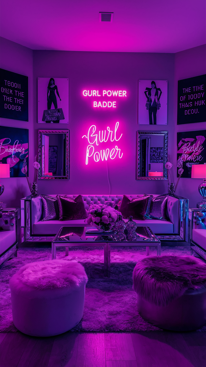 A vibrant "Gurl Power" Baddie living room with neon lights, inspirational quotes, high-fashion prints, modern furniture with metallic accents, plush ottomans, a fluffy rug, and a neon sign, creating a bold, empowering, and Instagram-worthy atmosphere.
