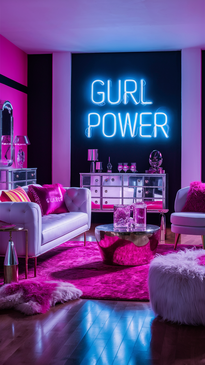 A stylish Baddie living room with a bold, vibrant color scheme, featuring a large neon sign spelling out'Gurl Power' in electric blue, modern and sleek furniture, including a high-gloss white sofa with gold legs, a metallic silver coffee table, and an acrylic glass-topped side table, vibrant faux fur throws and pillows, a luxurious mirrored dresser, and trendy items like a fluffy rug and plush ottoman, creating a visually stunning and empowering ambiance.