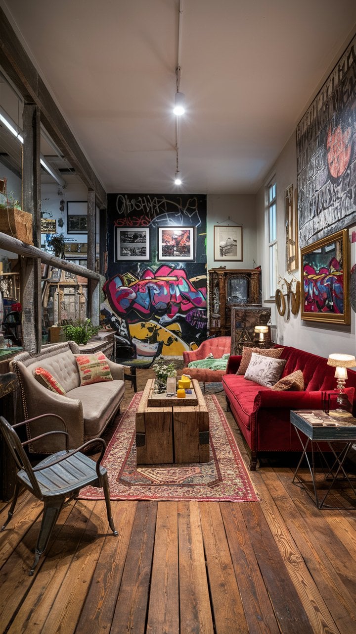 Eclectic artwork on walls