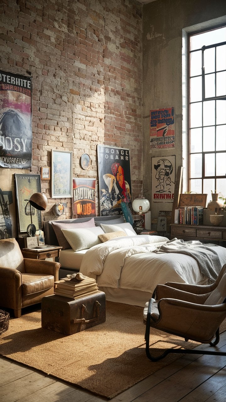 Vintage posters on brick wall