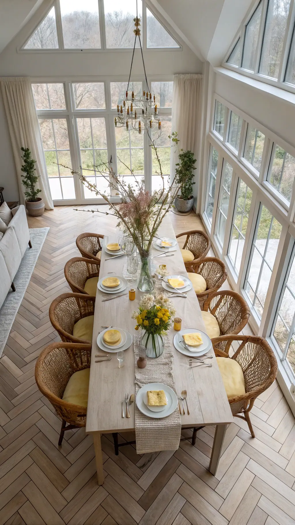 Overhead view of a sunlit 12x14ft dining space with herringbone floors. A farmhouse table is set with white linens, butter yellow plates, and coral napkins. Wild spring branches in glass vessels form the centerpiece. Rattan chairs add texture, and floor-to-ceiling windows allow natural light to flood the room.