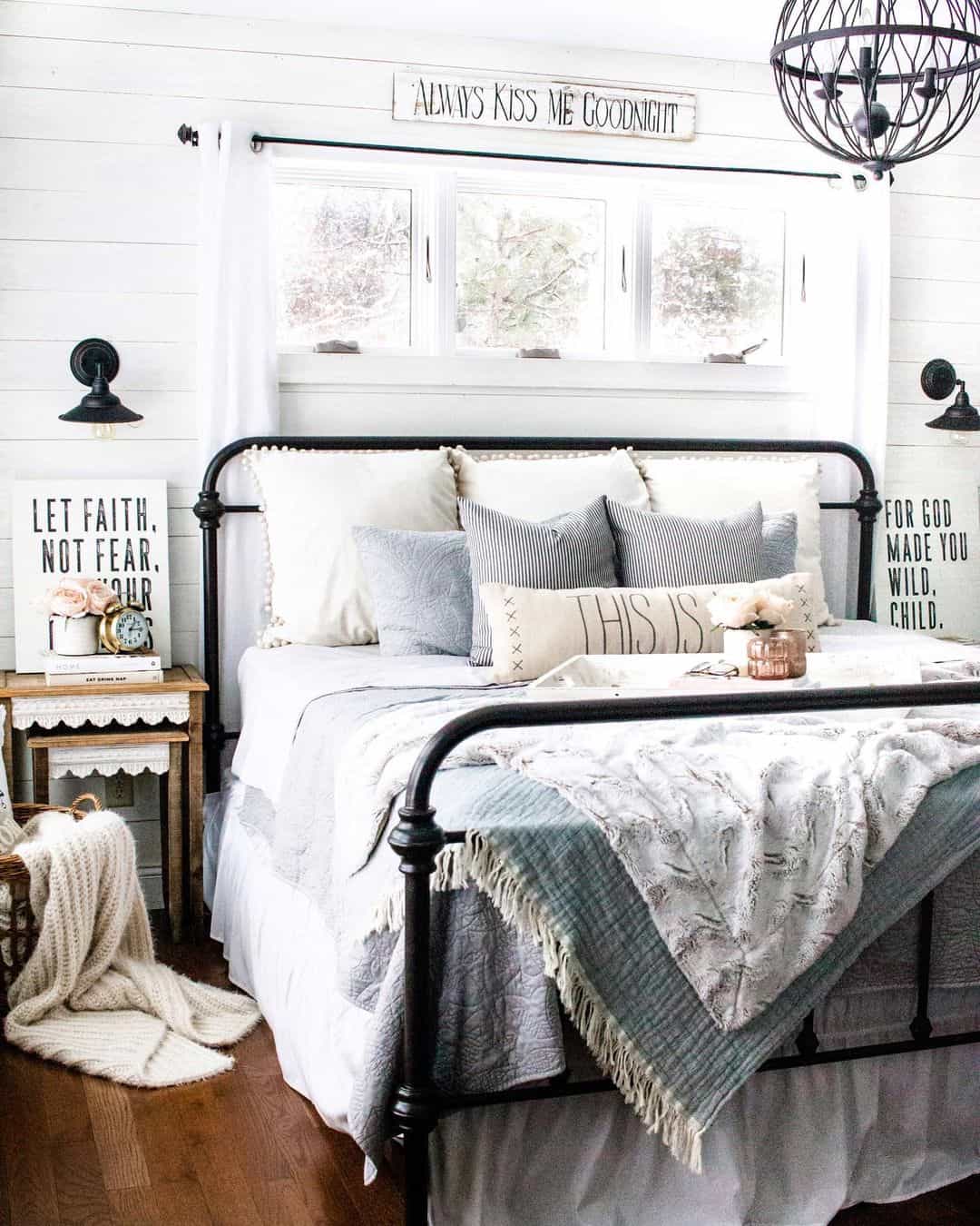 Bright Monochrome Farmhouse Bedroom with Shiplap Accent