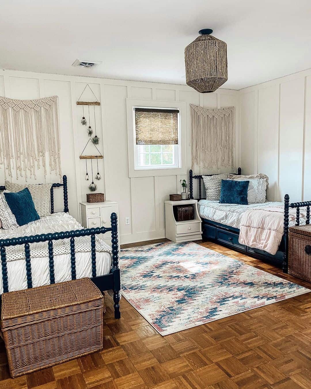 Cozy Boho Farmhouse Bedroom with Vibrant Accent Rug