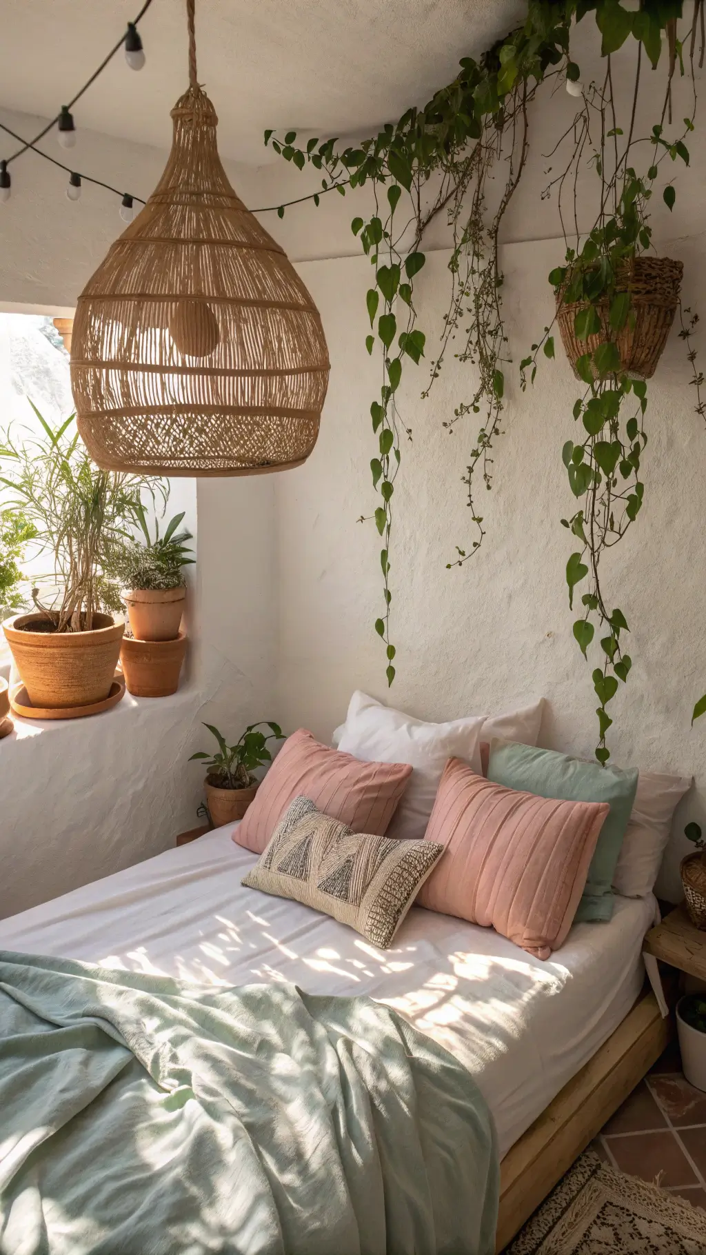 Sunlit bedroom nook with a platform bed dressed in sage and blush linen bedding, complemented by vintage Moroccan cushions. A bamboo pendant lamp casts delicate shadows on whitewashed walls. Terracotta pots with trailing pothos plants form a lush vertical garden.
