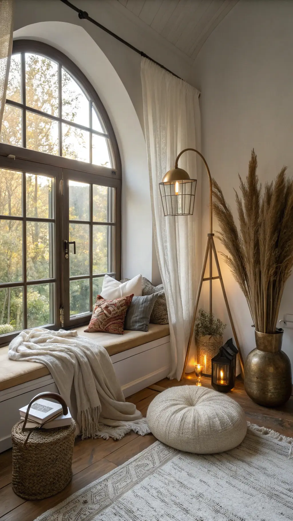 Inviting reading corner with a large arched window draped in sheer curtains, allowing gentle morning light. Floor cushions made of raw silk, handwoven cotton, and vintage leather are casually placed. A brass floor lamp emits warm light, while a tall ceramic vase with dried pampas grass adds vertical interest.