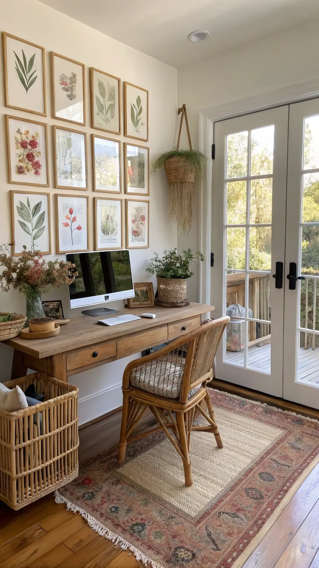 Bright home office with French doors opening to a balcony, showcasing a reclaimed wood desk beneath a gallery wall of pressed botanical prints framed in brass. Handwoven baskets hold dried flowers, and a chunky knit throw adorns a rattan chair atop a vintage Berber rug.