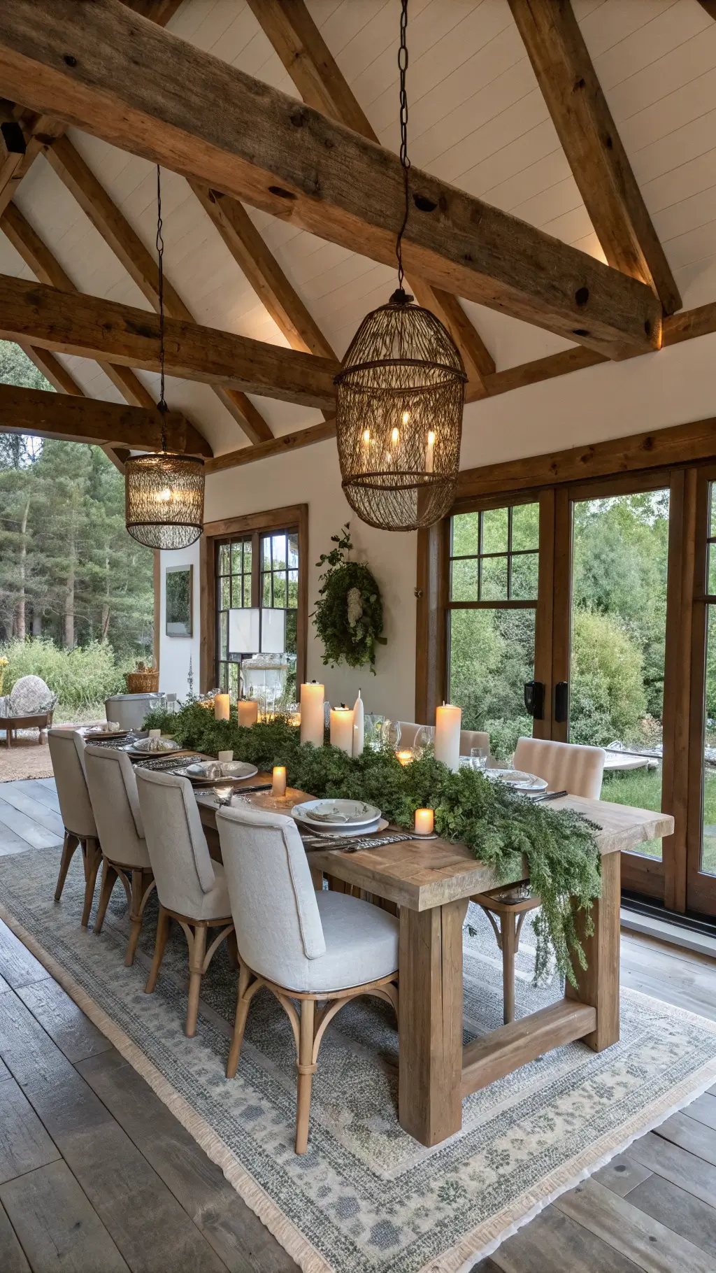 Rustic dining area with exposed wooden beams, a farmhouse table adorned with eucalyptus and beeswax candles, mismatched upholstered chairs, woven pendant lighting, and large weathered mirrors reflecting garden views.