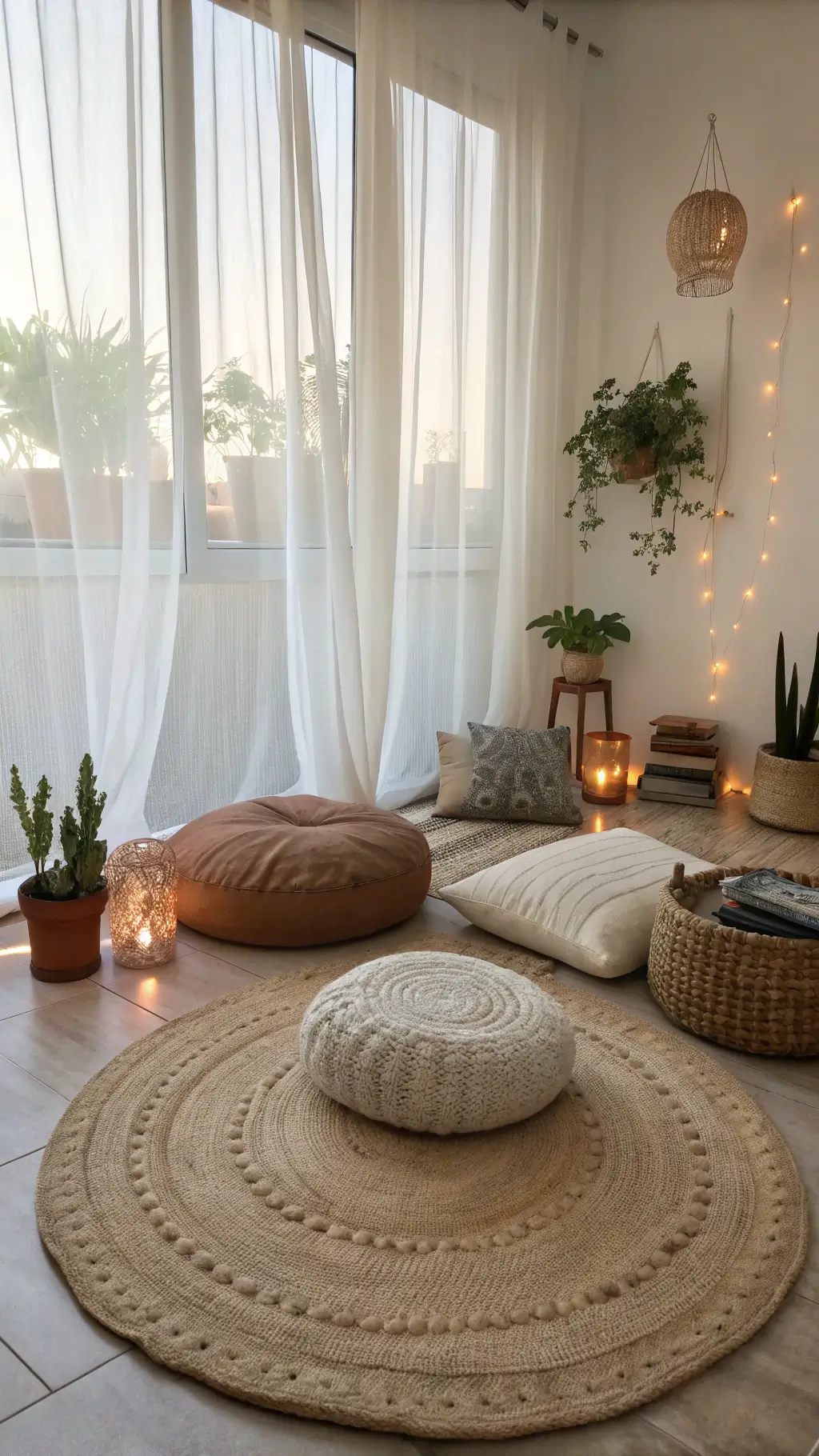 Peaceful meditation corner bathed in soft morning light, featuring a round jute rug anchoring earth-toned floor pillows and cushions. Sheer white curtains flutter gently. Crystal clusters shimmer, potted succulents rest on copper stands, and a Himalayan salt lamp emits a warm glow.