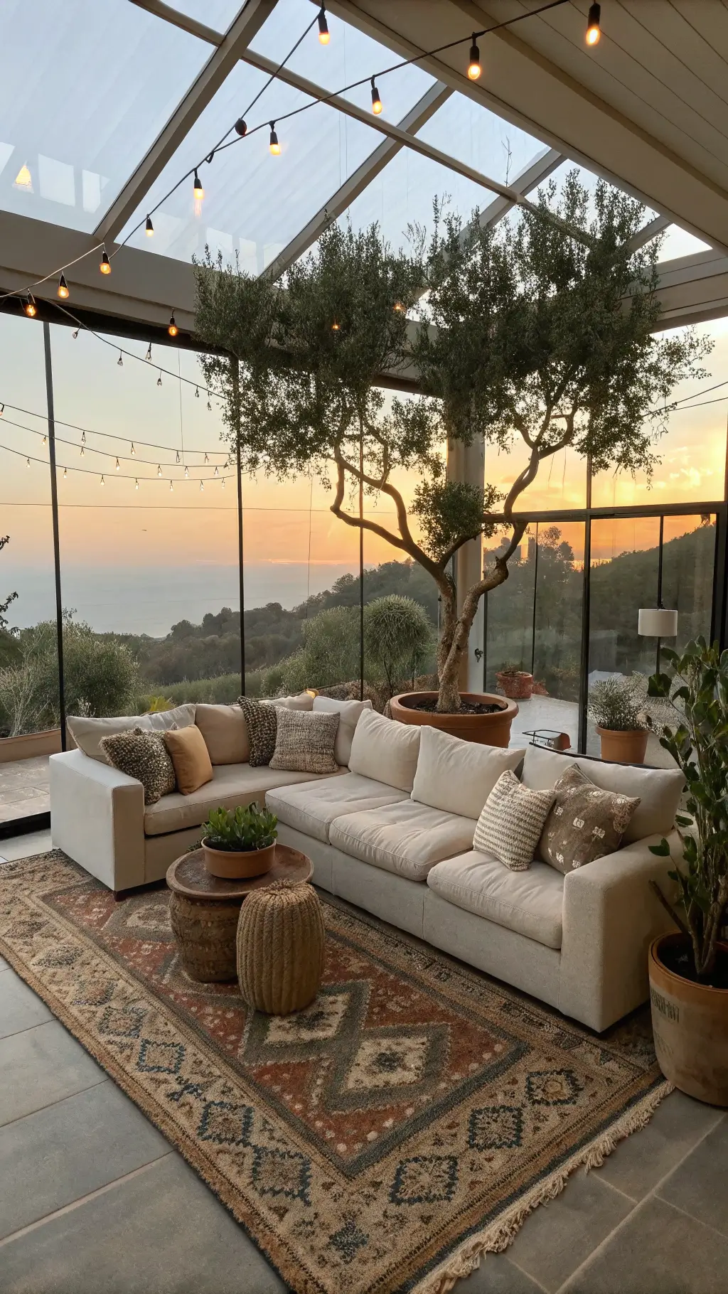 Bright open-plan living area at golden hour, featuring a natural linen sectional, floor-to-ceiling windows, and a canopy of string lights. Olive trees in clay pots and mounted staghorn ferns add greenery. A vintage kilim rug overlays seagrass matting. Aerial view showcases the entire layout.