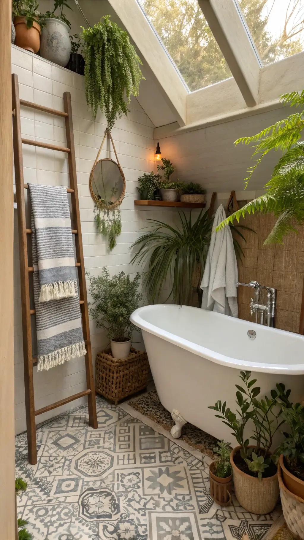 Bohemian bathroom retreat with a skylight, featuring a central clawfoot tub surrounded by lush potted ferns and eucalyptus. A bamboo ladder holds striped Turkish towels, while handmade ceramic accessories rest on a floating wooden shelf. Moroccan tiles add intricate patterns to the floor. The scene is framed through a doorway, enhancing the spa-like ambiance.