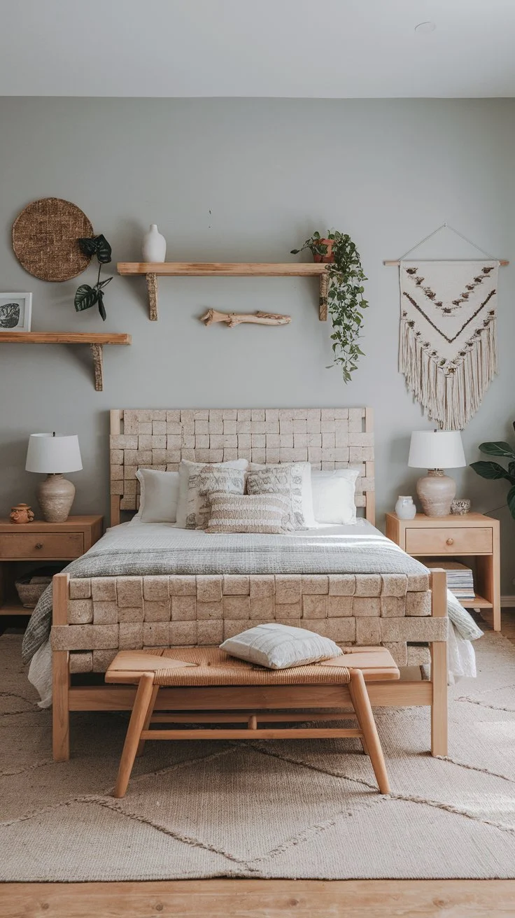A photo of a boho bedroom with light gray walls and natural wood furniture. There is a wooden bed frame with a woven fabric headboard and two nightstands with ceramic lamps. At the foot of the bed, there is a wooden bench. The room has a rug, pillows, and a plant. The walls have shelves and hangings.