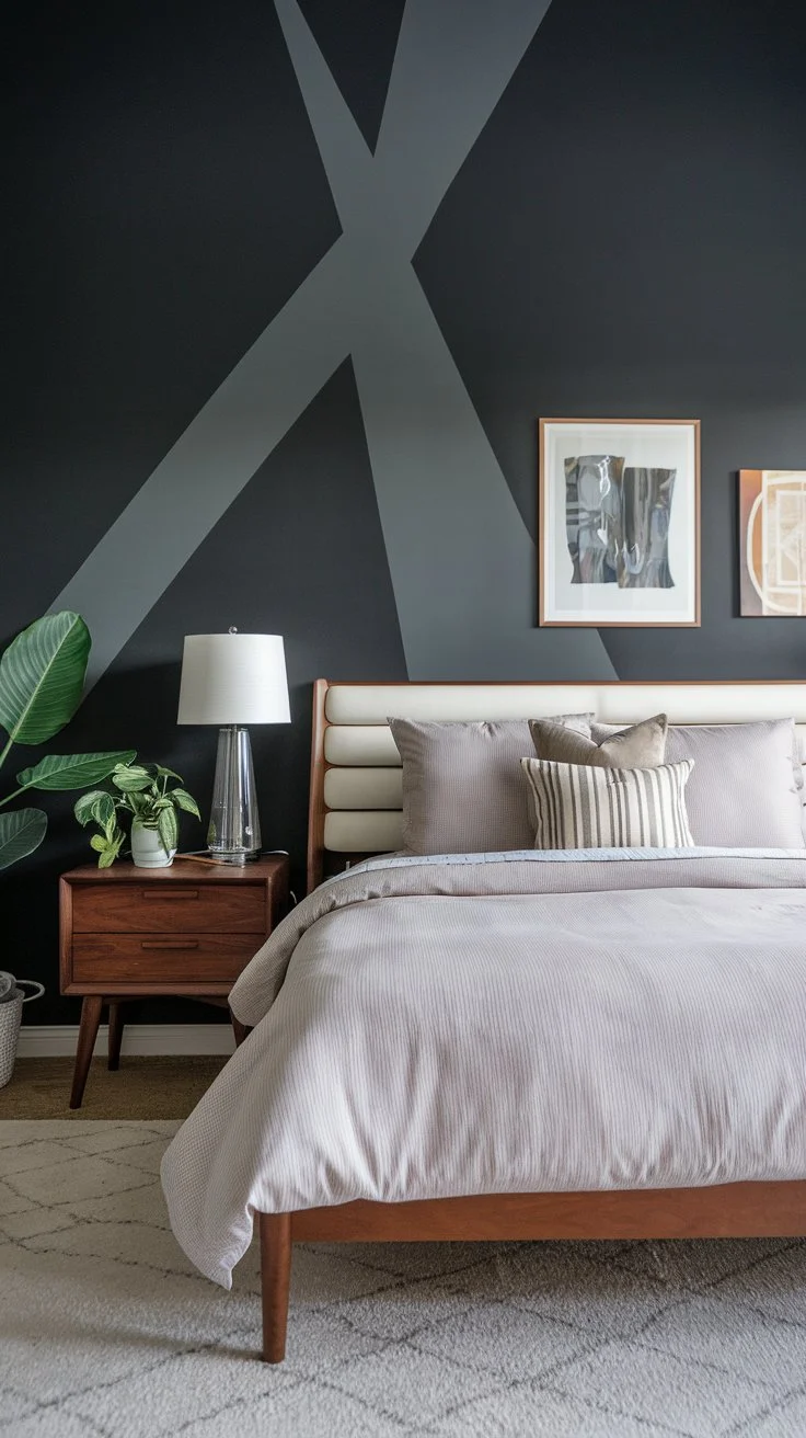 A photo of a mid-century modern bedroom with a charcoal gray feature wall for dramatic contrast. The room has a queen bed with light gray bedding, a white headboard, and a few pillows. There's a wooden nightstand next to the bed, holding a lamp and a plant. The room has a few pieces of art on the wall above the bed. The floor is covered with a light gray rug.