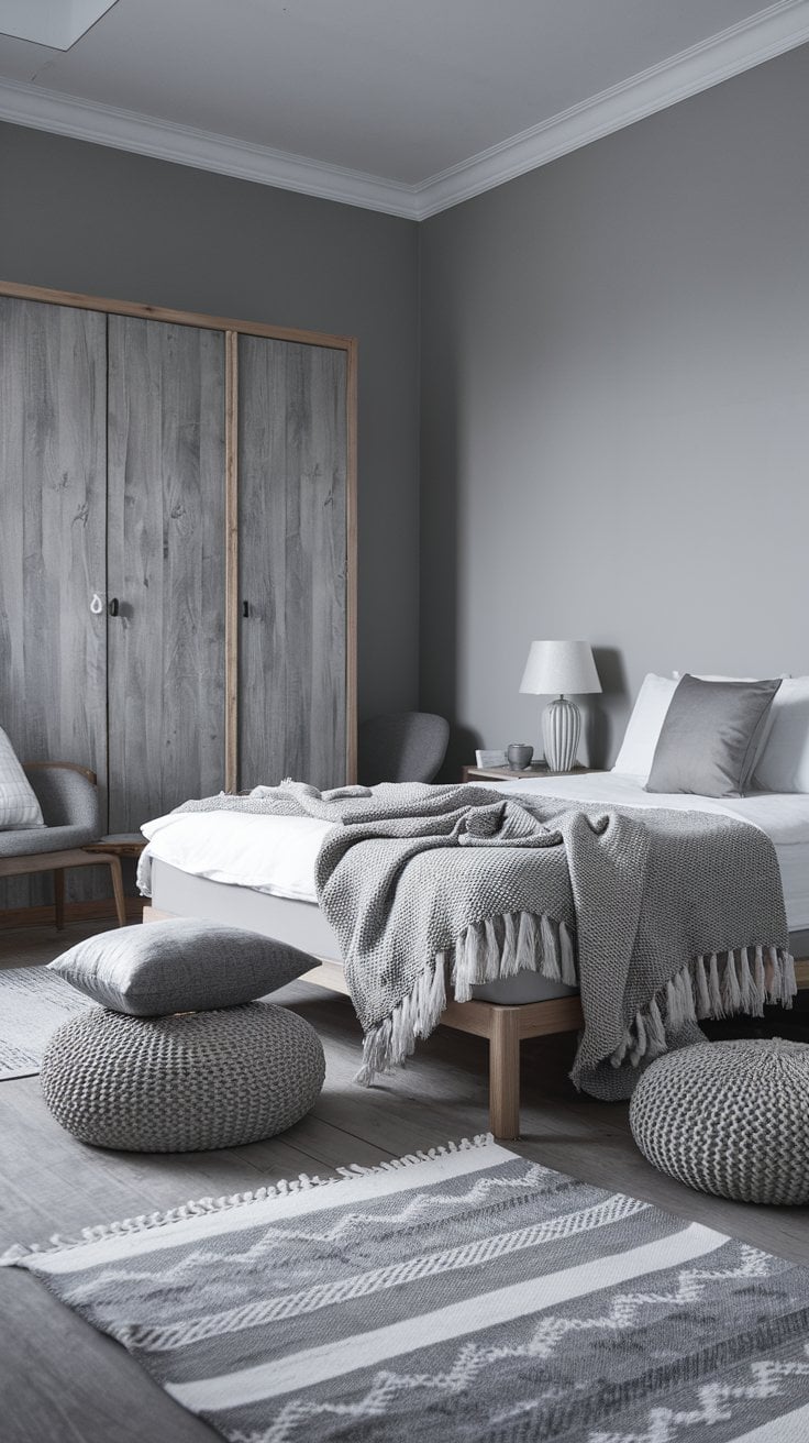 A photo of a Japandi-style bedroom with a gray-toned color scheme. There are different textures and patterns of gray textiles, such as a woven blanket, a knitted throw, and a patterned rug, layered on the bed and the floor. The bed has a simple wooden frame and a white mattress. There are also gray cushions on the bed. The room has a wooden wardrobe and a chair. The walls are painted in a soft gray color. There is a white lampshade on the bedside lamp. The flooring is made of wooden planks.