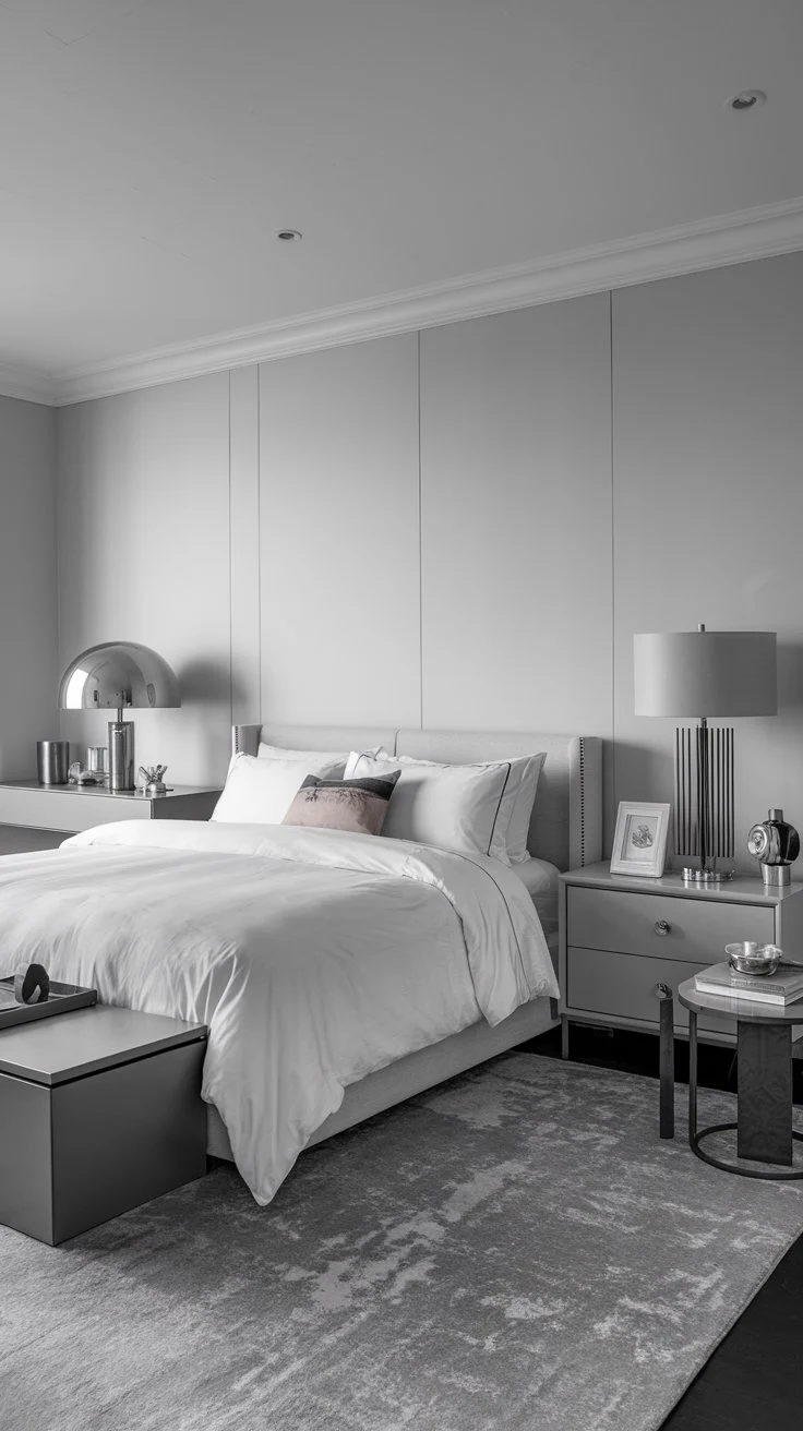 A photo of a modern bedroom with a monochromatic gray color palette. The room features a comfortable bed with a white duvet and a few pillows. There's a gray chest of drawers near the bed and a gray side table with a lamp next to it. The room has a gray rug and a few metallic decor items, including a lamp, a photo frame, and a small table. The walls and ceiling are white.