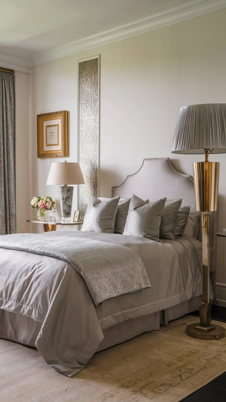 A photo of a beautiful art deco bedroom with a gray bedspread and silver-gray throw pillows for subtle glamour. The room has a neutral color palette, with white walls and a beige area rug. There is a vintage lamp with a gold base and a silver lampshade next to the bed. The room has a few decorative items, including a small table with a lamp and a vase of flowers. The walls have some decorative elements, such as a gold frame and a patterned wall covering.