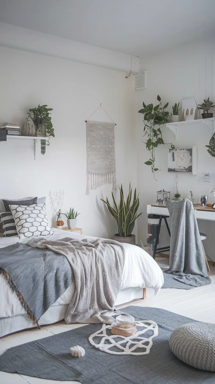 A photo of a Japandi-style bedroom with a comfortable bed, a desk, and a few pieces of furniture. The walls are painted white. The floor is covered with a gray rug. There are gray-toned textiles like blankets and rugs layered on the bed, the desk, and the floor. The room has a few potted plants and a few decorative items.