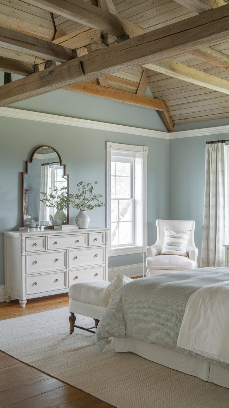 A photo of a serene farmhouse bedroom with a soft gray bedding and white accents. The room has a wooden ceiling and beams. There is a white dresser with a mirror and a white chair next to the bed. The walls have a light blue color. The floor is made of wood.