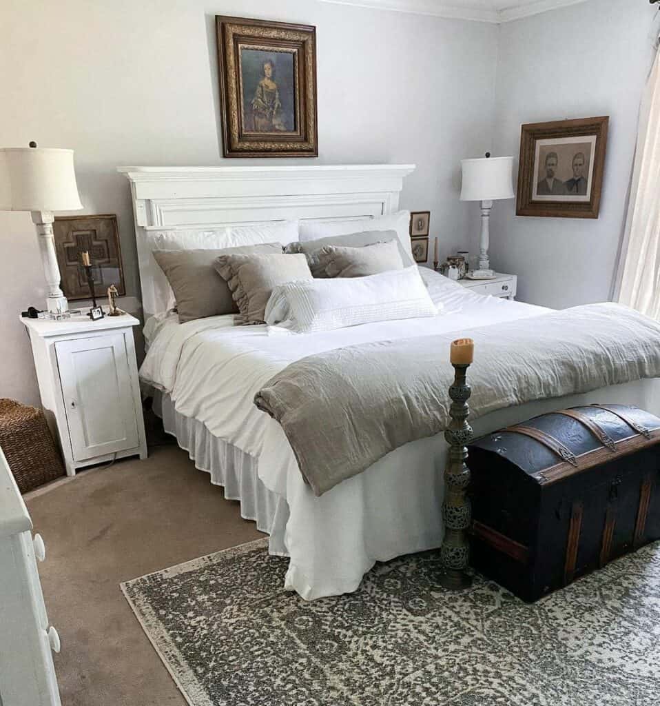 Timeless Farmhouse Bedroom Featuring Contemporary White and Gray Bedding