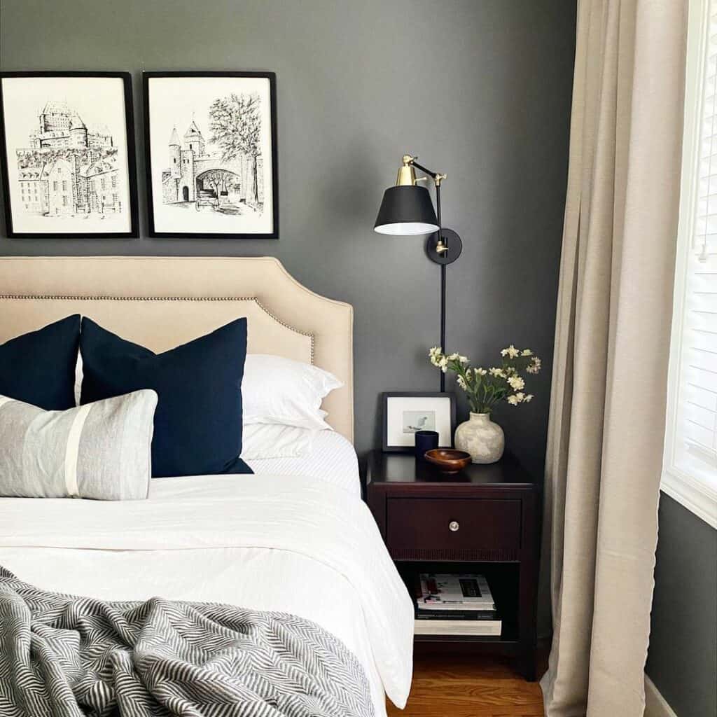 Gray Tones in Farmhouse Bedroom Design, Complemented by Black and Beige