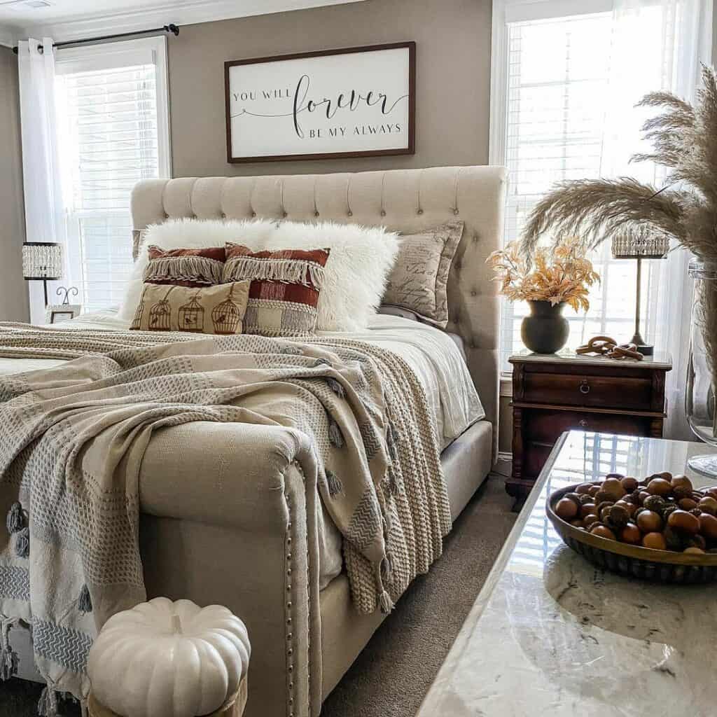 Luxurious Sleigh Bed Against a Neutral Beige Wall