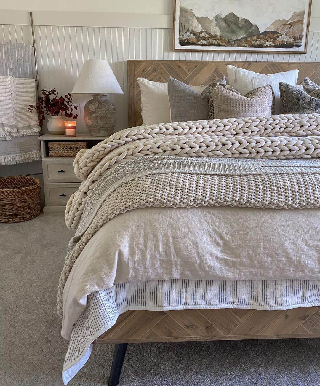 Unique Wooden Herringbone Bed and Beadboard Detail