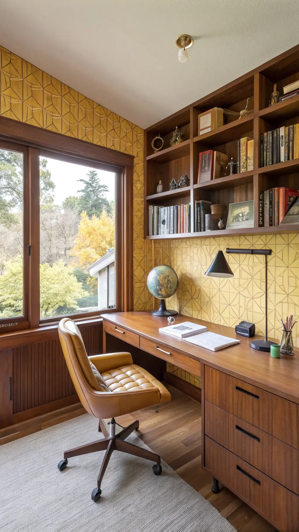 Mid-century modern study featuring a teak desk, Eames chair, walnut bookshelves, mustard yellow geometric wallpaper, brass task lamp, vintage globe collection, and a large north-facing window.