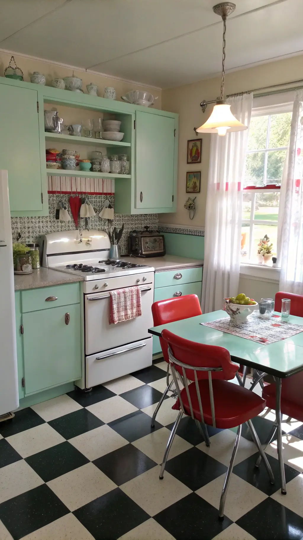 Retro kitchen with mint green 1950s cabinetry, chrome hardware, cream enamel stove, Formica table with red vinyl chairs, black-and-white checkerboard floor, open shelves displaying Pyrex and Fire King dishes, and sunlight filtering through cafe curtains.
