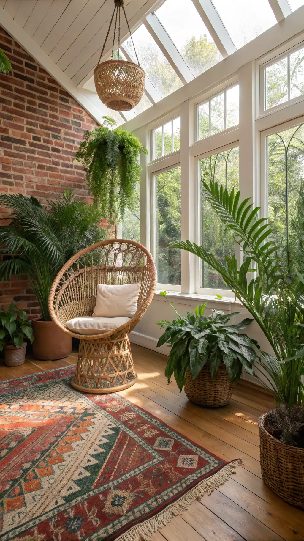 Bohemian sunroom featuring exposed brick, hardwood floors, a rattan peacock chair, lush Boston ferns, hanging spider plants in macramé holders, layered jewel-toned vintage rugs, and colorful glass accents catching sunlight.