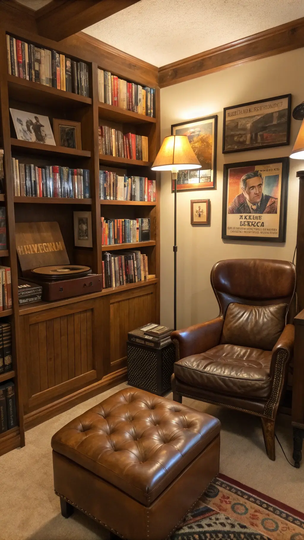 Retro reading nook with floor-to-ceiling oak bookshelves, 1960s leather chair and ottoman, brass pharmacy lamp, vintage movie posters, and a record player on a period-appropriate stand, bathed in warm afternoon light.