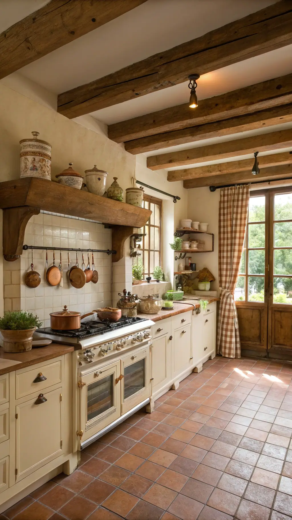 French country kitchen with exposed wooden beams, terra cotta flooring, vintage cream enamel range, hanging copper pots, open shelves with café au lait bowls and ironstone, and a window box herb garden beneath gingham curtains.