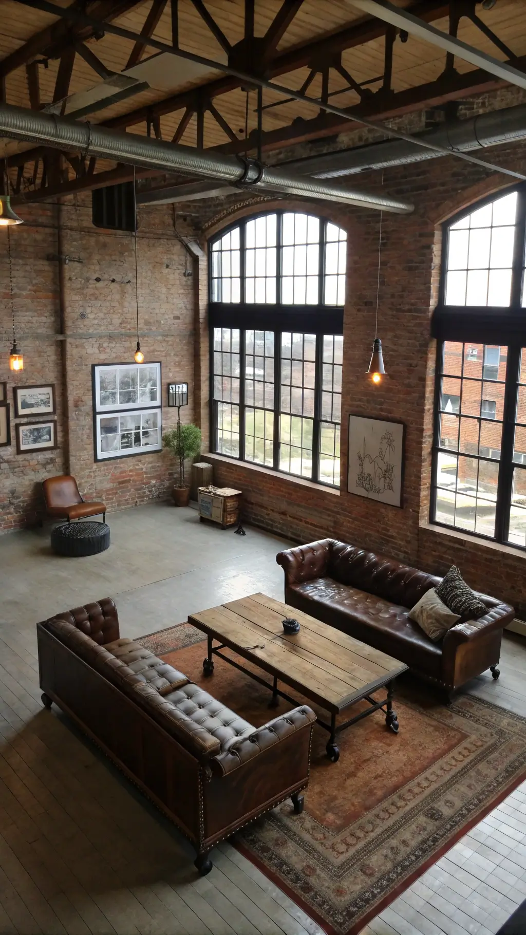 Industrial loft living room with exposed brick walls, vintage leather club chairs, industrial cart coffee table, large factory windows casting dramatic light, antique maps and technical drawings, original steel beams and ductwork.