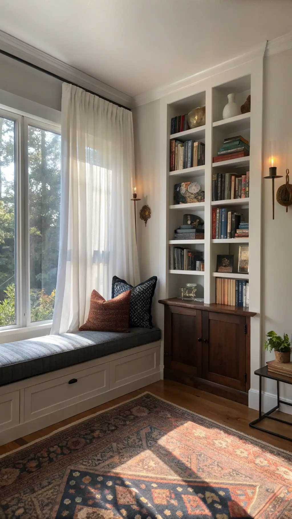 Cozy reading corner with a built-in window seat bathed in golden afternoon light. A vintage mahogany bookcase anchors the space, flanked by matte black modern sconces. A charcoal linen ottoman rests on a muted coral and navy Persian rug. Floating white shelves showcase contemporary art alongside brass vintage collectibles. Sheer curtains soften the natural light, creating an inviting atmosphere.
