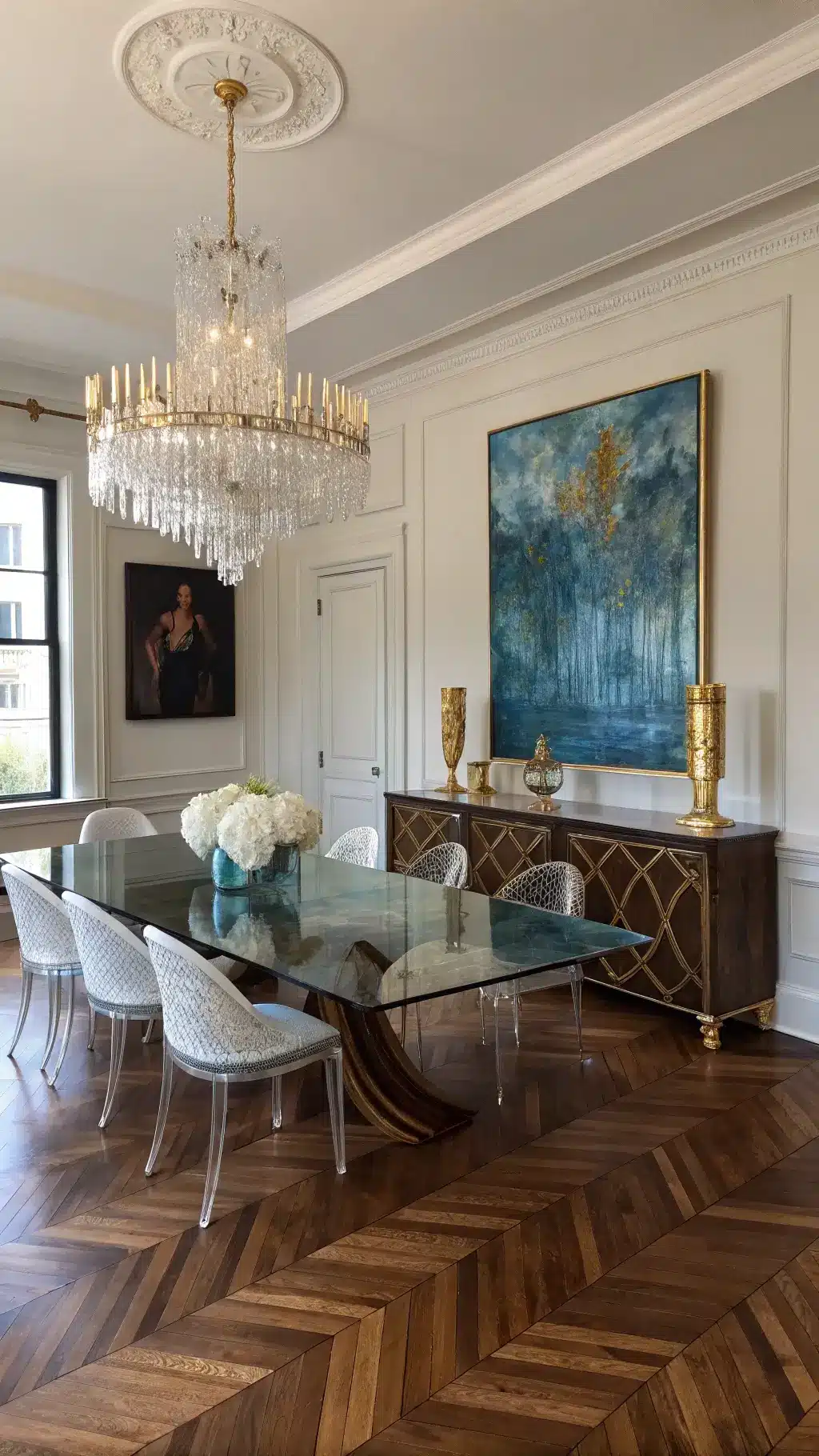 Sophisticated dining area with herringbone hardwood floors, a sparkling crystal chandelier from the 1940s above a sleek glass table, and transparent ghost chairs contrasting a Victorian walnut sideboard. A large abstract canvas in blue and gold adorns the wall, complemented by brass candlesticks and white ceramic decor. Dramatic lighting accentuates textures and details.